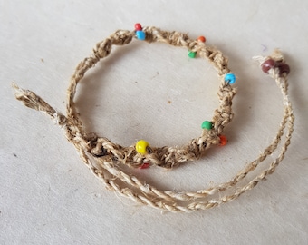 Natural Hemp Twisted Cord bracelet with colourful beads *Handmade* *Macrame knotted* Boho/Surfer/Beach Wristband