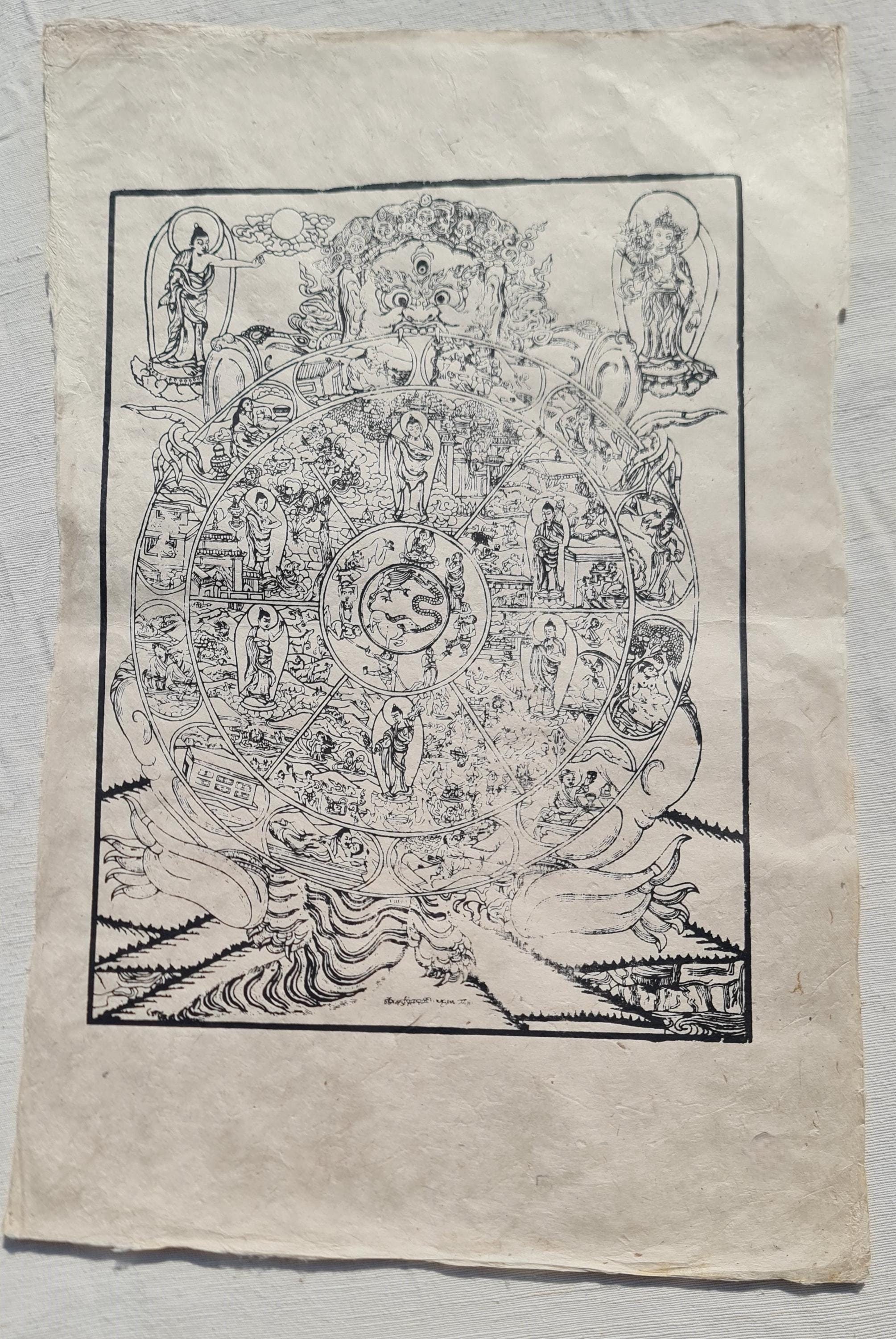 Large Unframed Art print, 'Wheel of Life' Thangka, Silk Screen Printed on Nepali Lokta Paper.