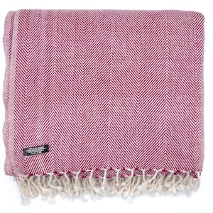 Cashmere blanket, Herringbone; Mulberry and White, with tassles. Handmade in Nepal.