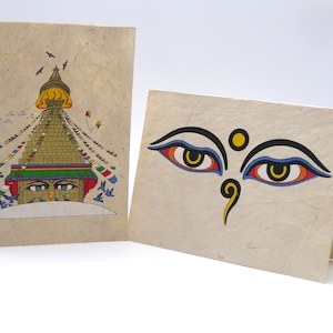 Carta Lokta fatta a mano, "Occhi di Buddha" e "Boudhanath". Carta per tutte le occasioni. Disegni stampati a mano su carta Tree Free.