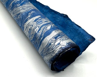 Marbled Lokta Paper Handmade in the Himalayas. Tree Free & Sustainable; Decorative/Book binding/Decoupage/Craft 60-80gsm. Blue/Silver