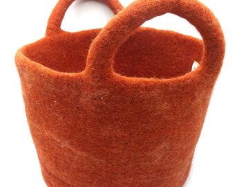 Handgemaakte wollen vilten opbergmand/bak, terracotta/witte mix.