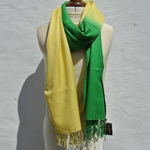 Vintage Pashmina Shawl. Wedding Shawl. Bridesmaid Pashmina. Handwoven Himalayan Cashmere & Silk - Shaded yellow, green and brown