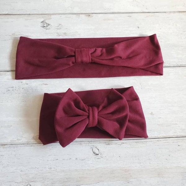 Burgundy Mommy and Me Matching Headbands, fall burgundy mom and daughter match, autumn bow, mom and baby headwrap, fall baby shower