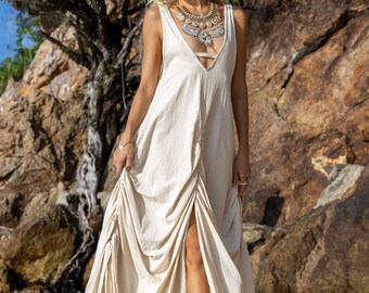 WOMEN BEACH GOWN | Bohemian Goddess Beach Dress | Women Wedding Elegant Dress | Bridal Minimal Dress | Summer Cotton Dress