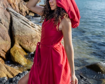 RED MEDIEVAL DRESS | Shaman Costume Hood Dress | Magdalene Priestess Dress | Summer And Island Travel Hood Dress | Women Elegant Dress
