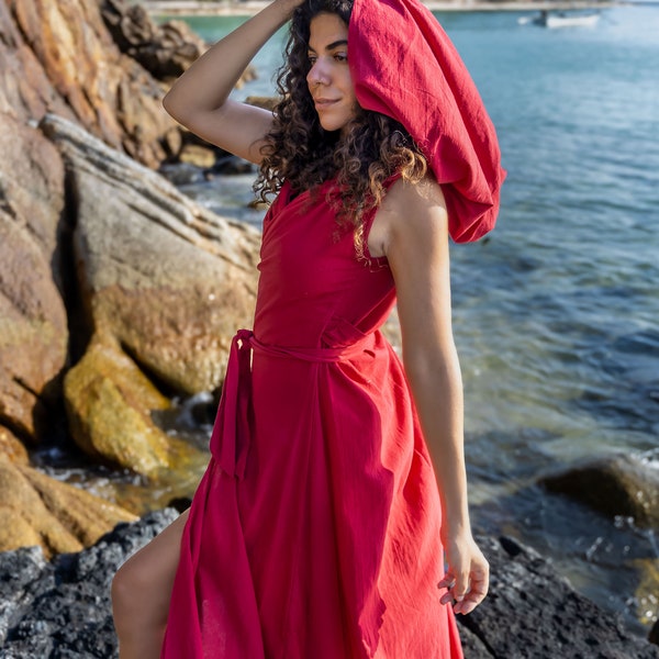 RED MEDIEVAL DRESS | Shaman Costume Hood Dress | Magdalene Priestess Dress | Summer And Island Travel Hood Dress | Women Elegant Dress