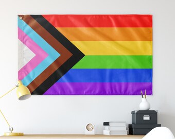 Progress Pride Rainbow Flag, Modern Gay Pride 5' x 3' Banner, LGBTQ Inclusive Flag, Gay Pride Month Gift, Queer Home Decor, Coming Out Gift