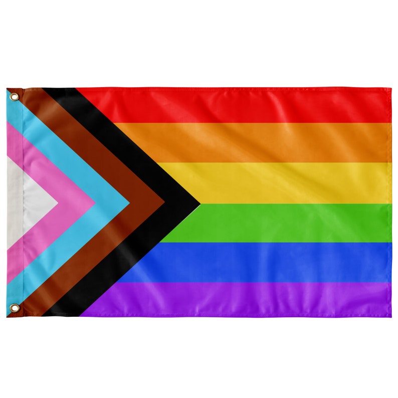 May include: A pride flag with a black and brown chevron on the left side, followed by a white, light blue, and pink chevron. The right side of the flag features the traditional rainbow colors: red, orange, yellow, green, blue, and purple.