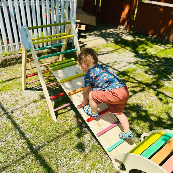 Triangle et bascule Pikler | Triangle d'escalade en bois Montessori | Triangle d'escalade pliable | Kletterdreieck | Kletterbogen