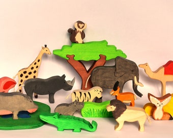 17 jouets Waldorf | Jouets pour animaux Safari | Jouets pour animaux en bois | Jouets en bois Waldorf