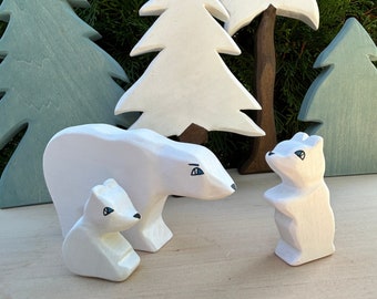 Jouets animaux en bois - Ours polaires et oursons | Jouets Waldorf | Jouets en bois faits à la main | Jouets ouverts | Animaux en bois Waldorf