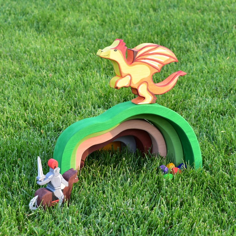 Wooden dragon toy & knight set Waldorf toys Wooden animal toys Waldorf wooden toys image 2