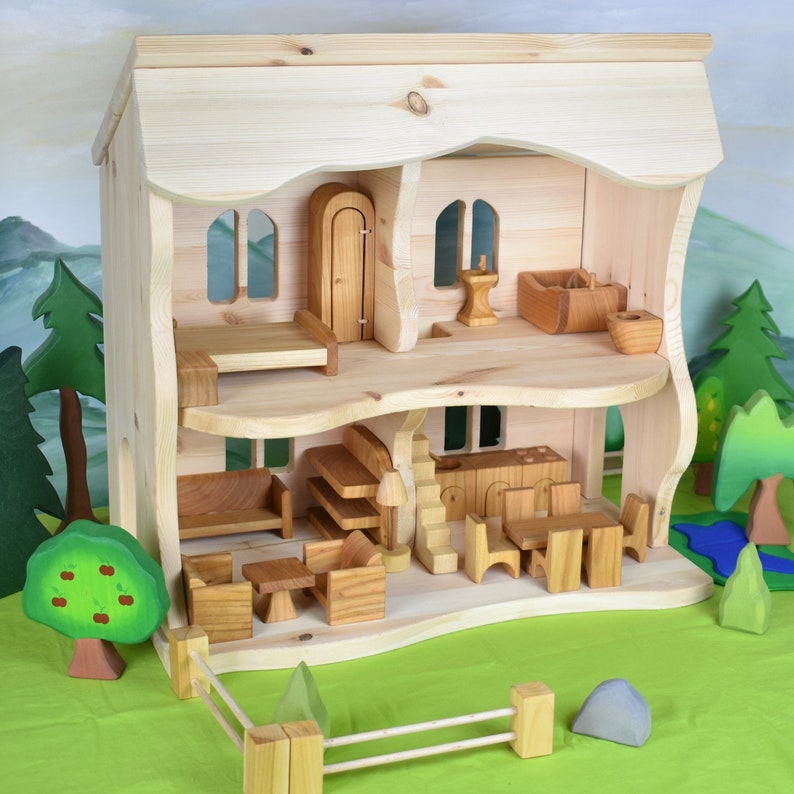 Maison de poupée Waldorf Maison de poupée en bois Maison de poupée artisanale Jouets en bois faits main Jouets en bois bio Jouets Waldorf Dollhouse& furniture