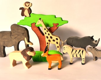 10 jouets Waldorf | Jouets en bois pour enfants | Animaux africains | Jouets pour animaux Safari