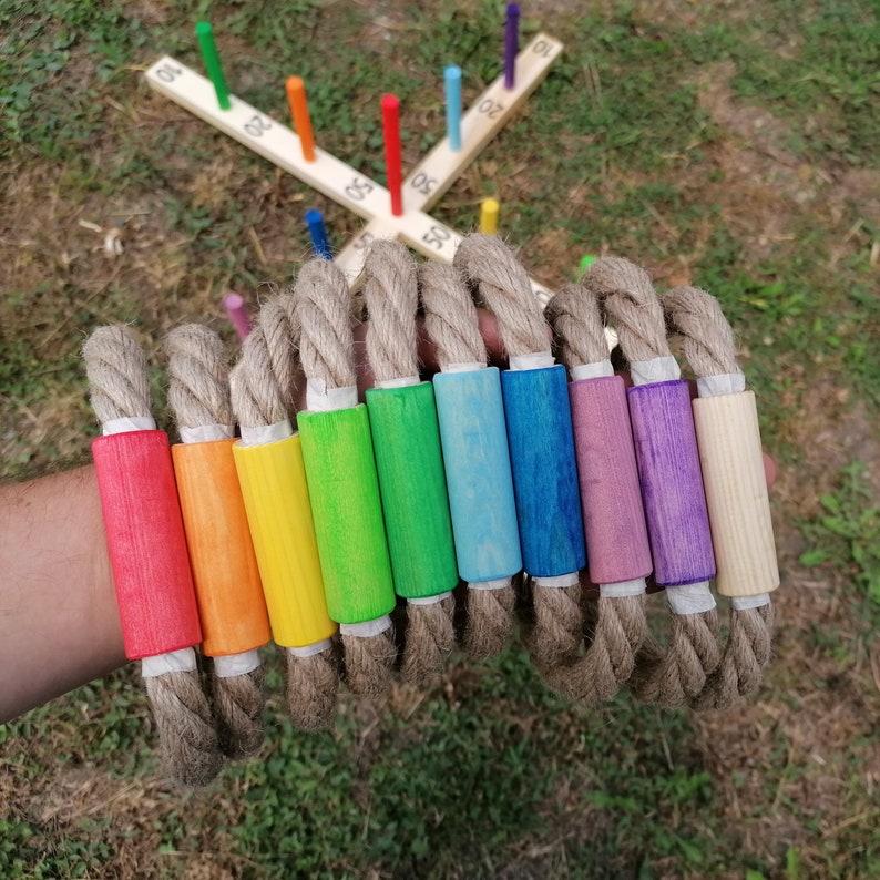 Ring Toss Game Wooden Rope Toss With 10 Colored Rings Lawn Etsy