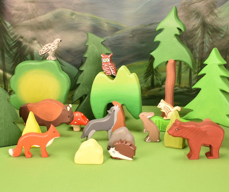 Holztierspielzeug Waldorf Spielzeug Tiere aus Holz Handgefertigtes Holzspielzeug Spielzeug mit offenem Ende Animals only (9 pcs)