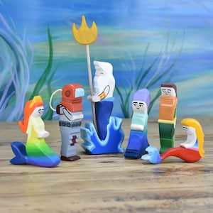 Handmade Wooden Mermaid Doll Set: Waldorf Toys, Merfolk Miniature