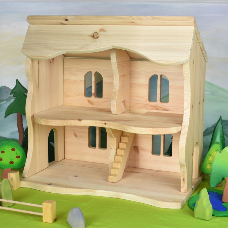 Waldorf Puppenhaus Puppenhaus aus Holz Kunsthandwerk Puppenhaus Handgefertigtes Holzspielzeug Bio Holzspielzeug Waldorf Spielzeug Bild 1