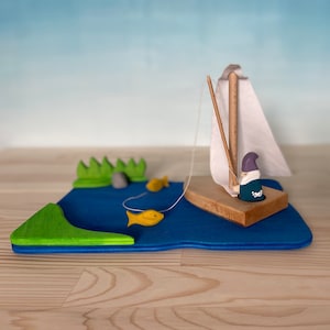 Wooden Dwarf Fisherman & Wooden toy boat | Waldorf toys | Open ended toys | Handmade wooden toys | Wooden doll | Dollhouse dolls