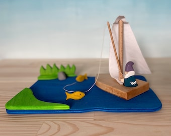 Handmade Wooden Fisherman Gnome & Toy Boat: Waldorf Open Ended Play