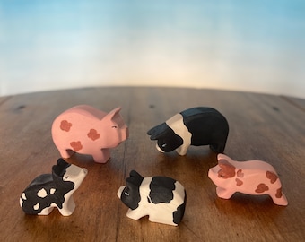 Tiere vom Bauernhof aus Holz - Schweine & Ferkel | Waldorf Spielzeug | Offene Spielzeug | Holztierspielzeug | Handgemachtes Holzspielzeug