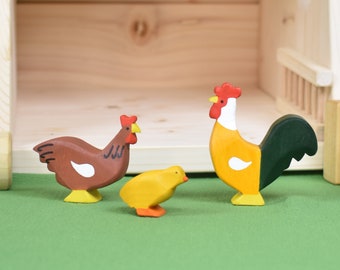 Animaux jouets en bois | Famille de poulets | Jouets Waldorf | Jouets en bois | Animaux de la ferme en bois