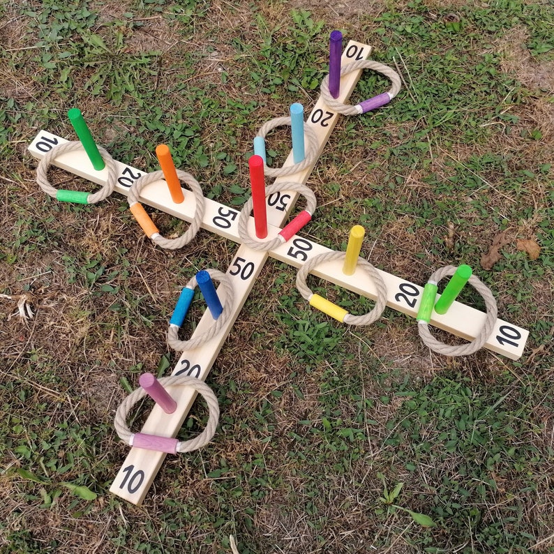 Ring Toss Game Wooden Rope Toss With 10 Colored Rings Lawn Etsy