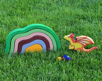 Wooden dragon toy & cave | Toy dragon | Waldorf toys | Wooden animal toys | Waldorf wooden toys