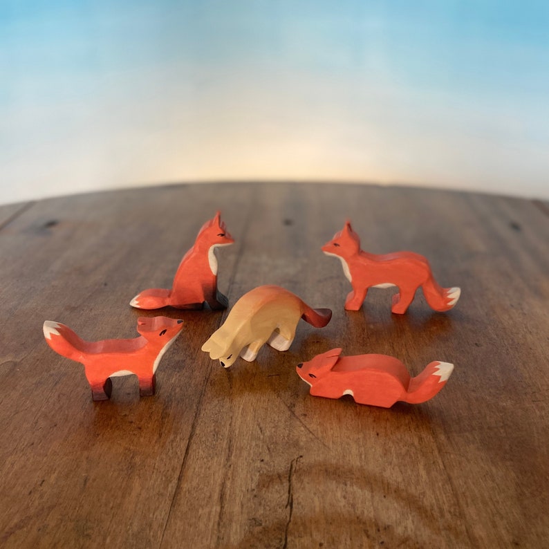 Wooden animal toys Foxes Waldorf toys Wooden animals Handmade wooden toys Open ended toys All 5 foxes