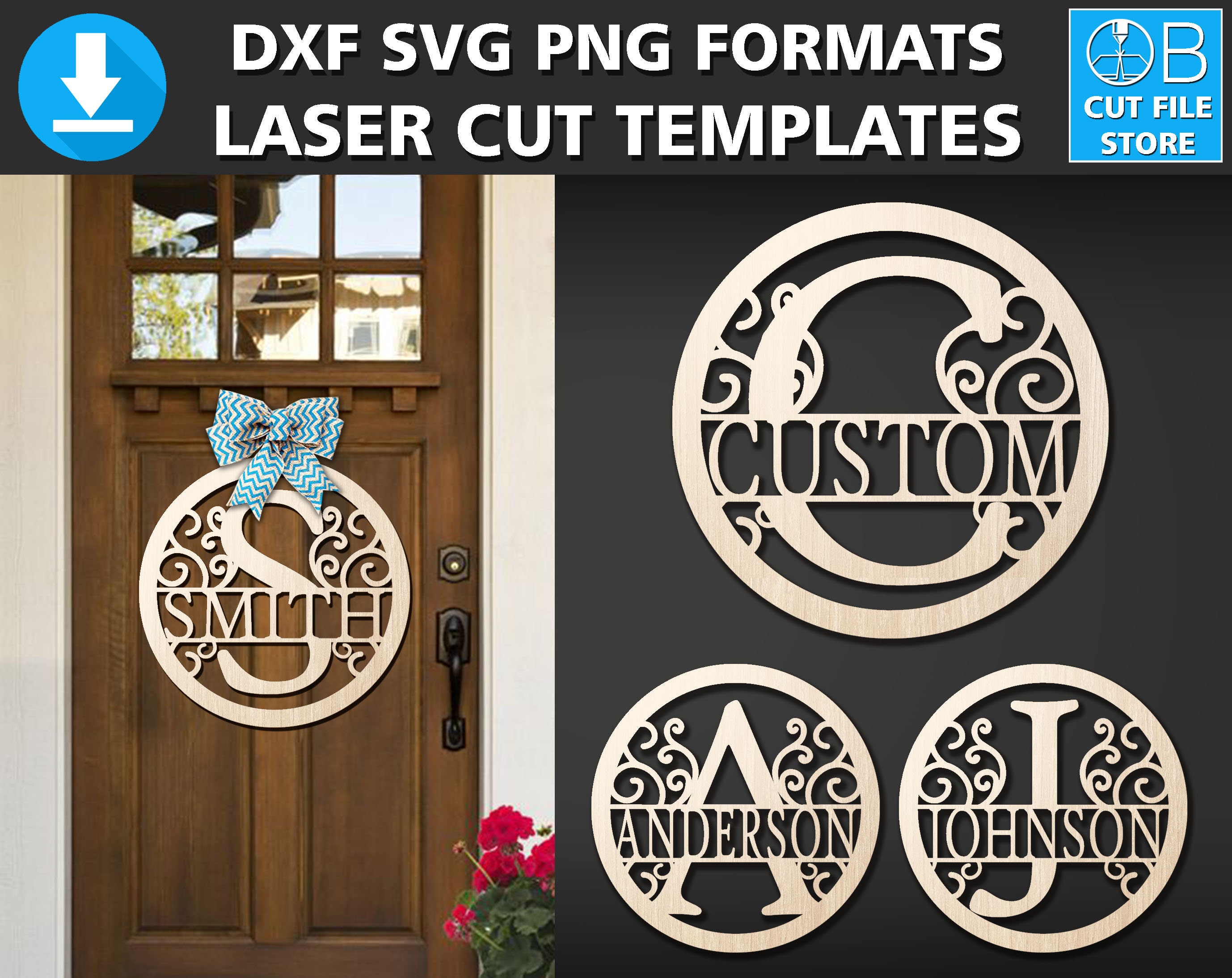 Download Monogram Door Hanger Laser Cut Template Dxf Svg Png Last Name | Etsy