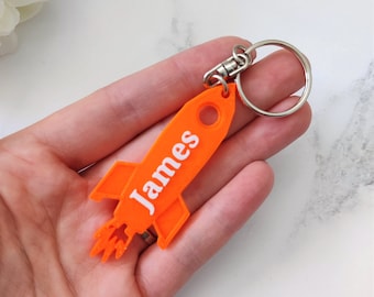Personalised rocket keyring, Personalized rocket keychain, small personalised rocket gift, under 5 pounds, rocket book bag tag