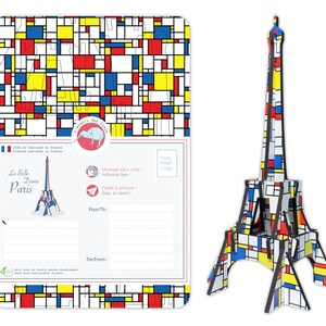 May include: A 3D model of the Eiffel Tower in Paris, France. The model is made of cardboard and is painted in a geometric pattern of red, yellow, blue, and white squares. The model is 100 grams and is easy to assemble.