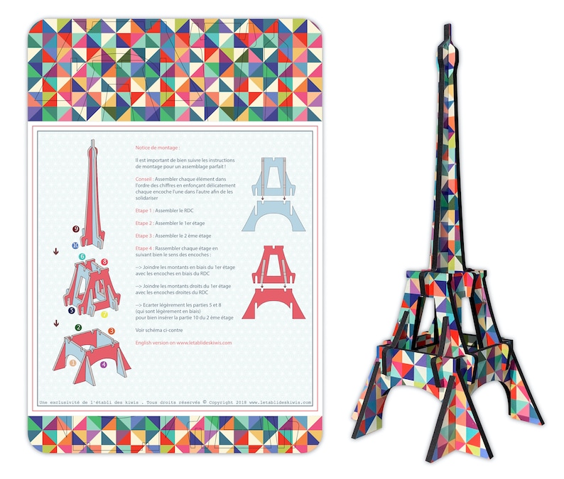 May include: A colorful, geometrically patterned Eiffel Tower model made of wood. The model is assembled in stages, with instructions for each step. The instructions are in French.