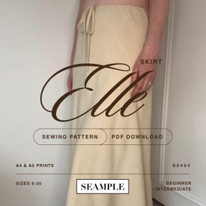Pode incluir: Uma saia bege com cintura com cordão. A imagem inclui o texto "Elle", "Skirt", "Sewing Pattern", "PDF Download", "A4 & A0 Prints", "Sizes 6-20", "Seample", "S0404", "Beginner - Intermediate".