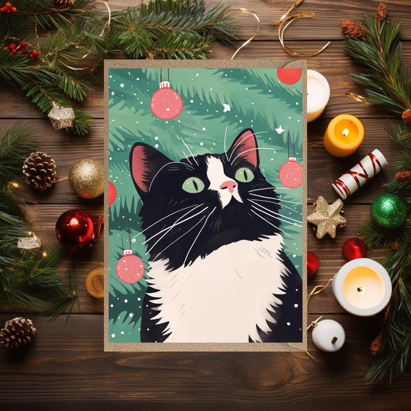 Cat Christmas Card  Christmas Tree for her for him for child sister friend mum animal gift husband boyfriend funny brother wife