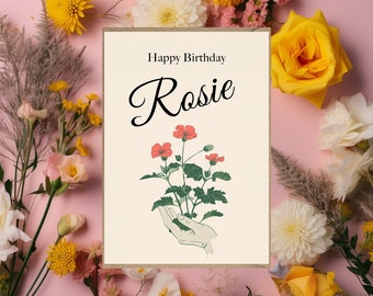 Personalised Floral Birthday Card add your name geranium flowers for her him mum grandma nanny friend mother in law