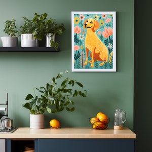 Impression colorée de fleurs de chien heureux pour la cuisine A5 A4 A3 art mural mignon confortable décoration d'intérieur image 2