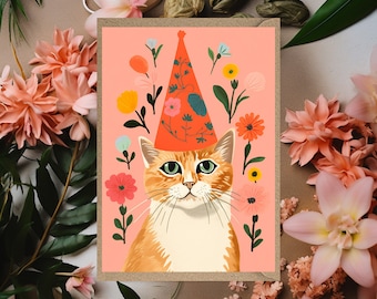 Cat Birthday Card  cat with houseplants card for mum nanny nan granny grandma auntie aunt friend sister