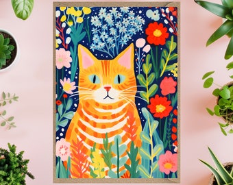 Ginger Cat Greetings Card  birthday thank you card for her for him general floral flowers orange