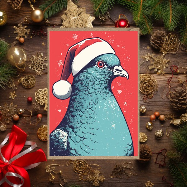 Pigeon Christmas Card  Santa hat for her for him for child sister friend mum animal gift trex husband boyfriend funny brother wife