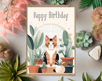 Happy Birthday Card  cat with houseplants card for mum nanny nan granny grandma auntie aunt friend sister