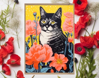 Tabby Cat Greetings Card  birthday thank you card for her for him general floral flowers