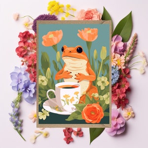 Frog drinking a cup of tea Greetings Card  birthday thank you card for her for him for child pastel colours sister friend mum