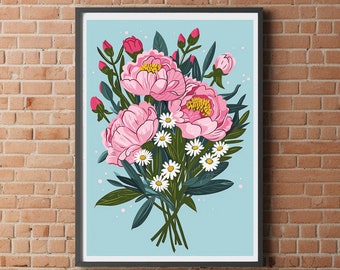 Peony & Daisy Print for home A5 A4 A3 cute abstract autumn gift for her for him flower floral wall art cosy cozy Home Decor