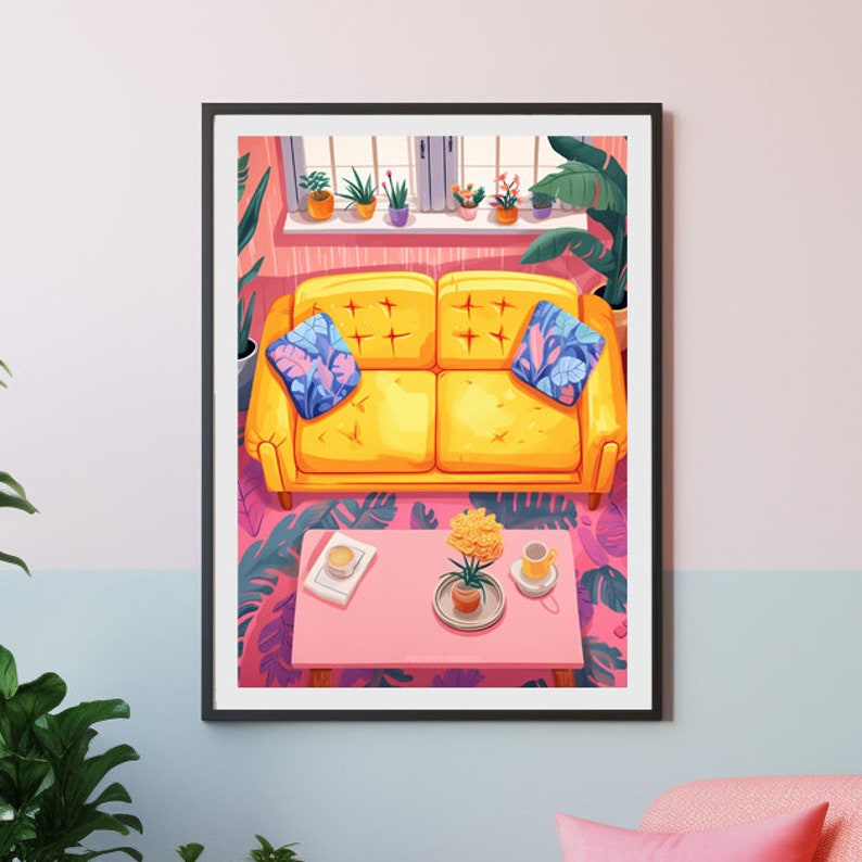 Lets say in print for home A5 A4 A3 cute yellows sofa pink houseplants coffee cosy wall art cosy cozy Home Decor image 1