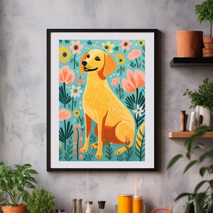 Impression colorée de fleurs de chien heureux pour la cuisine A5 A4 A3 art mural mignon confortable décoration d'intérieur image 1