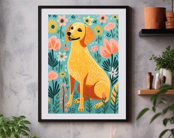 Colourful Happy Dog flowers print for kitchen A5 A4 A3 cute wall art cosy cozy Home Decor