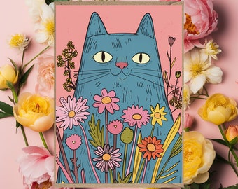 Cat with Flowers Greetings Card  birthday thank you card for her for him general floral flowers orange