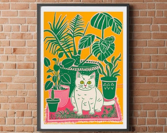 Colourful Cat & Houseplants print for home A5 A4 A3 wall art gift for her for him plant cosy cozy Home Decor